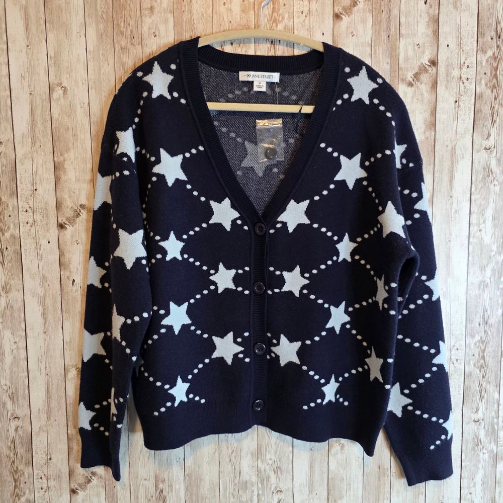Women's 99 JANE STREET Navy & White Star Cardigan Sweater NWOT - Picture 2 of 8